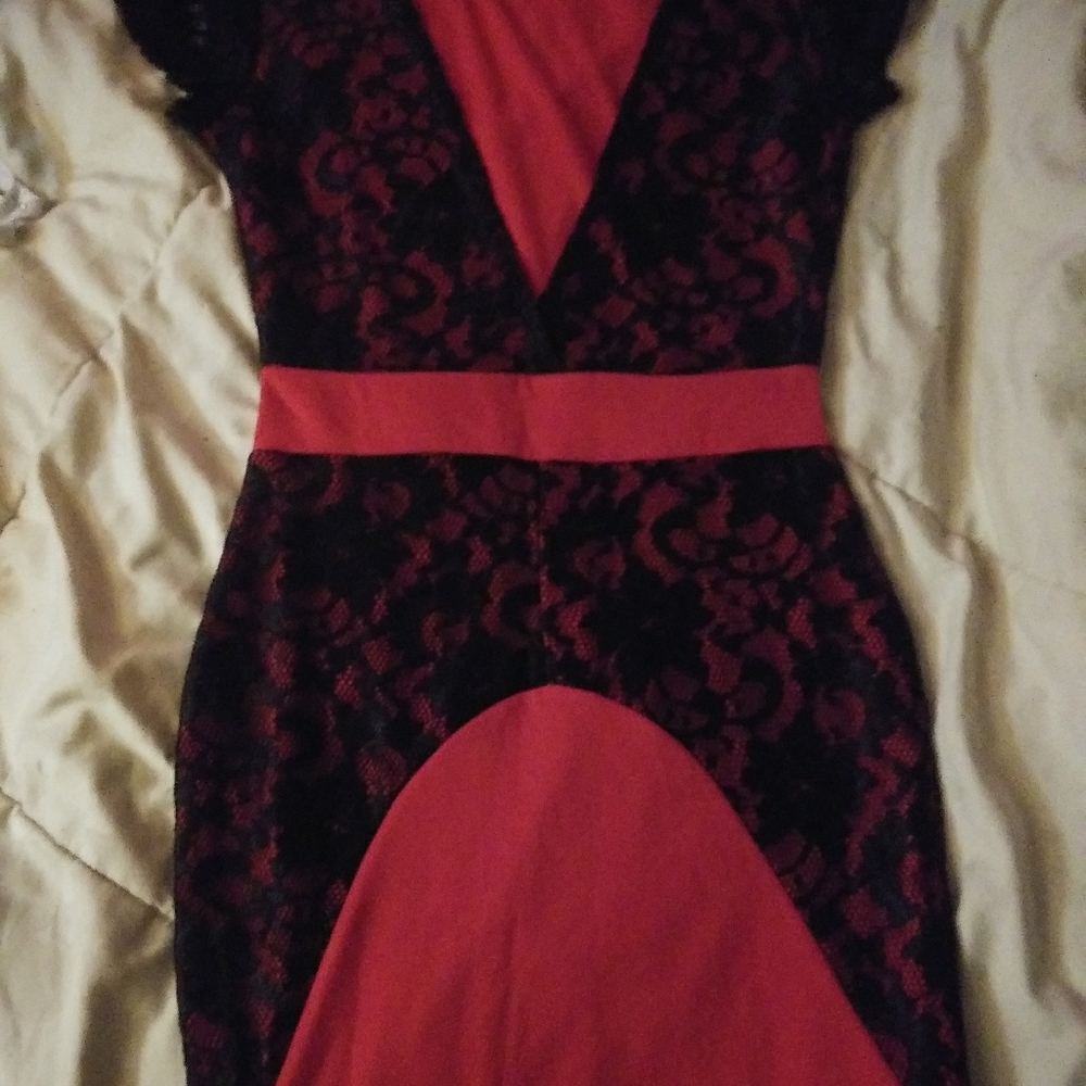 Red and black lace pencil dress